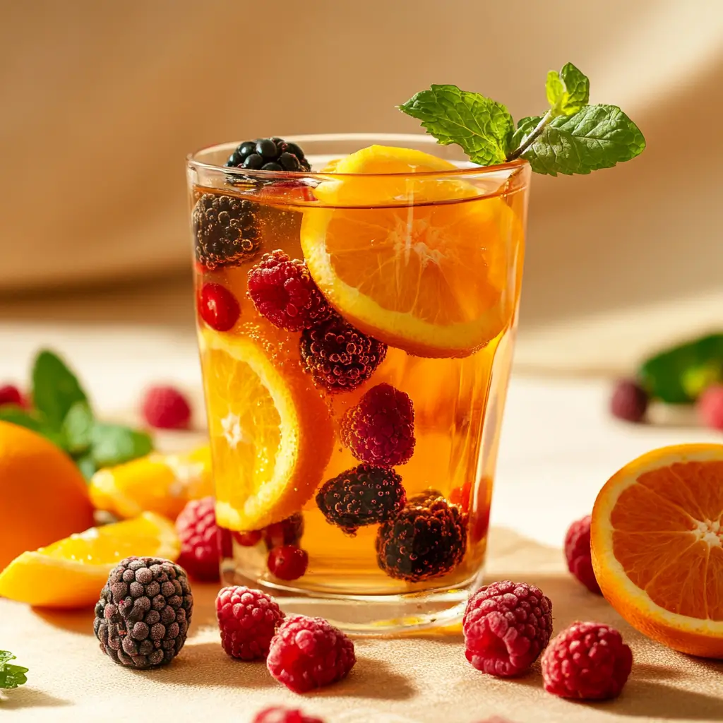 Vibrant loaded tea recipes with fresh fruits and mint leaves.