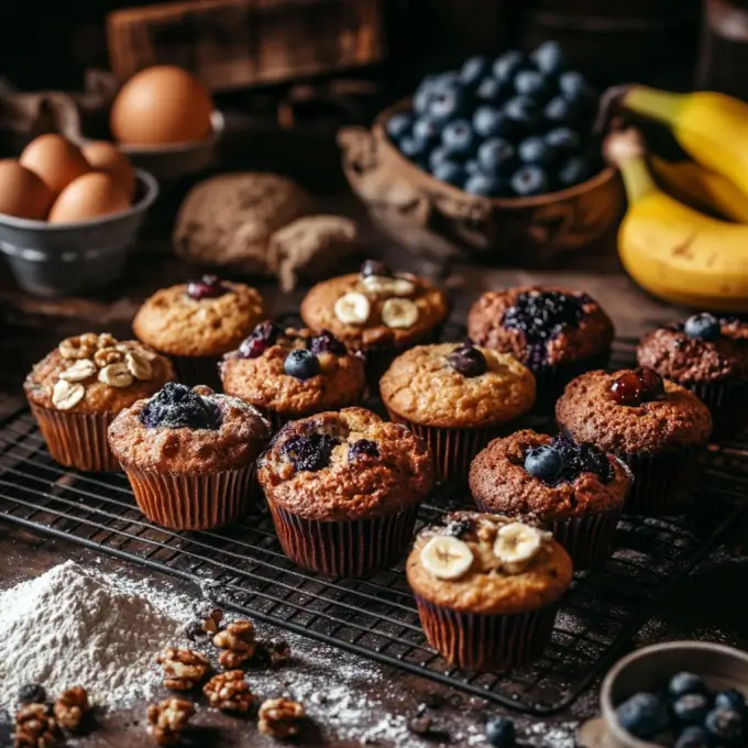 Freshly baked Muffin Top Recipes with blueberry, banana nut, and chocolate chip varieties, set on a cooling rack with scattered baking ingredients.
