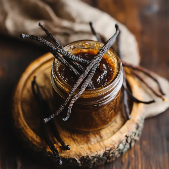 Jar of homemade vanilla paste recipe with vanilla beans