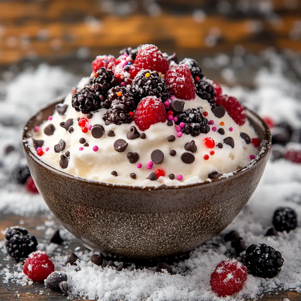 A bowl of snow cream recipe surrounded by fresh snow and toppings.