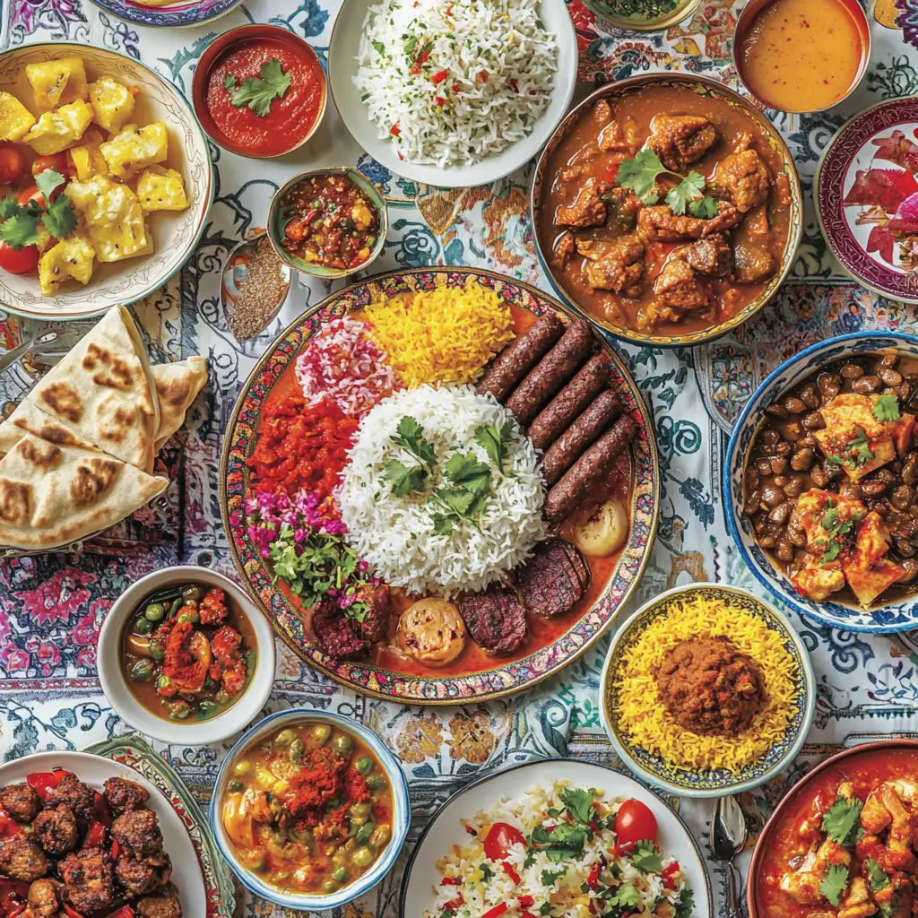A variety of traditional Iranian recipes with Persian tableware