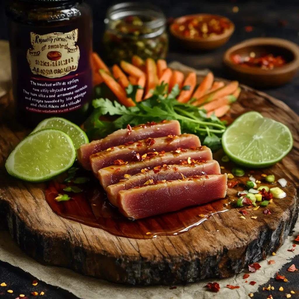 Spicy Maple Smoked Ahi Tuna Dish Smoked ahi tuna with spicy maple glaze