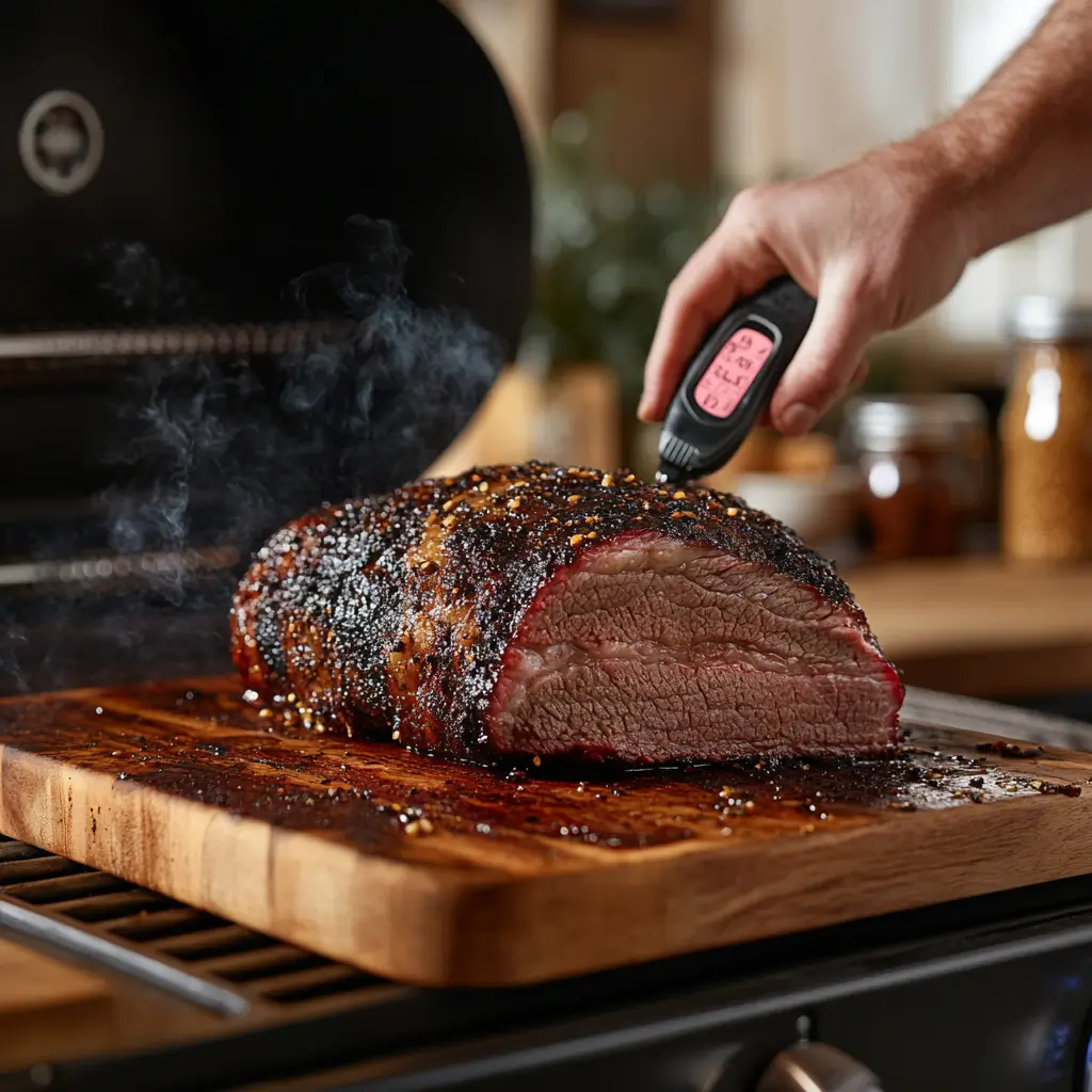 Perfectly Smoked Brisket with a Beautiful Smoke Ring. Smoked brisket with a pink smoke ring being checked for temperature.