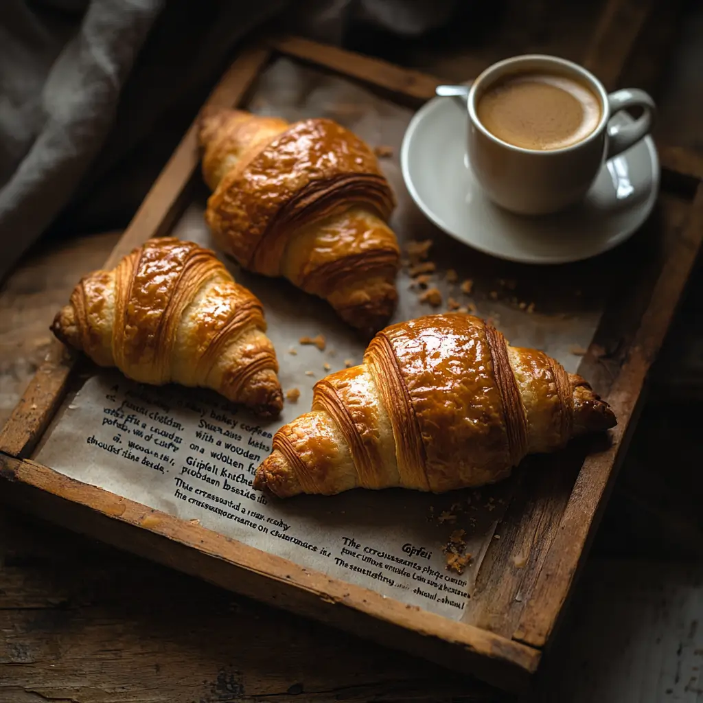 Freshly baked golden Gipfeli Recipe croissants on a wooden table with coffee