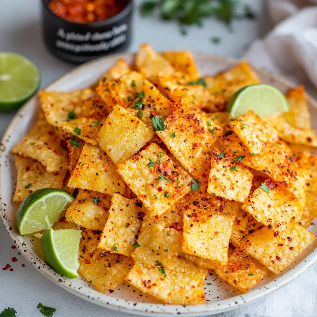 Spicy Chili Lime Cottage Cheese Chips Spicy chili lime cottage cheese chips with lime wedges.