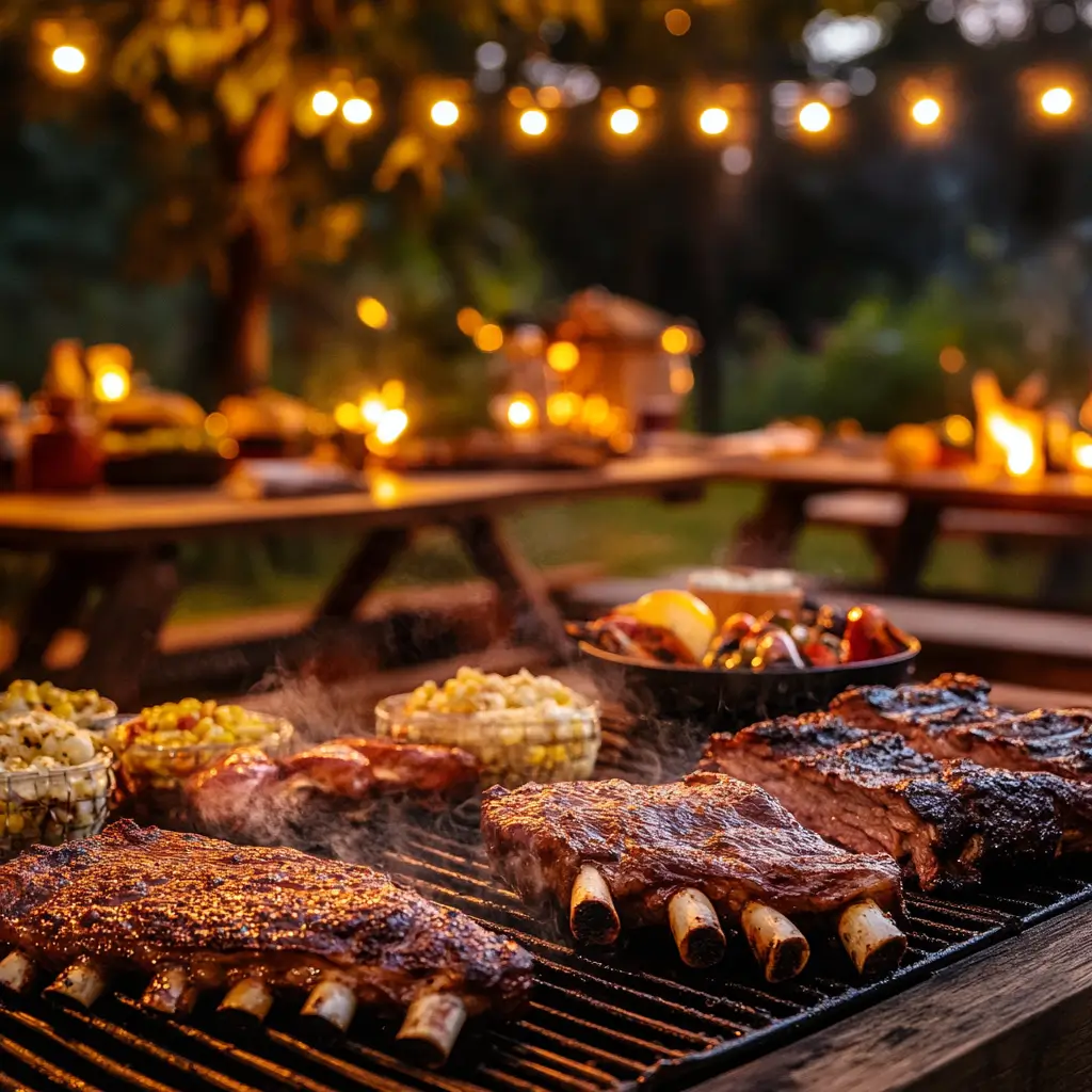 Southern Recipes Grill with sizzling meats and a cozy outdoor setting.