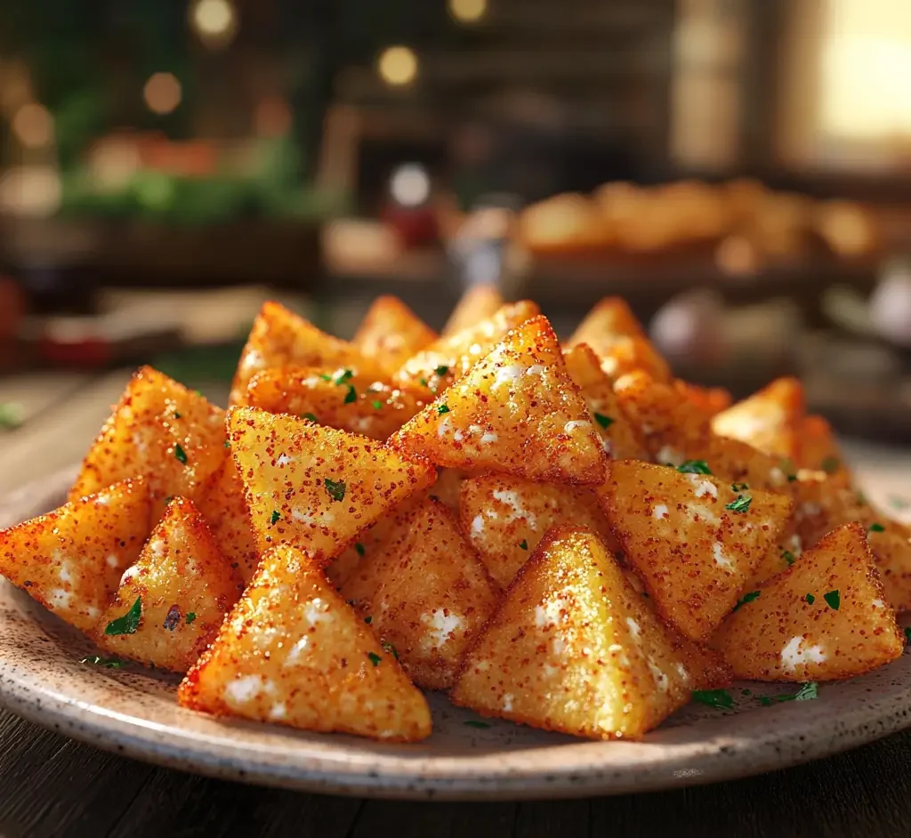 Golden crispy cottage cheese chips served with herbs and spices.