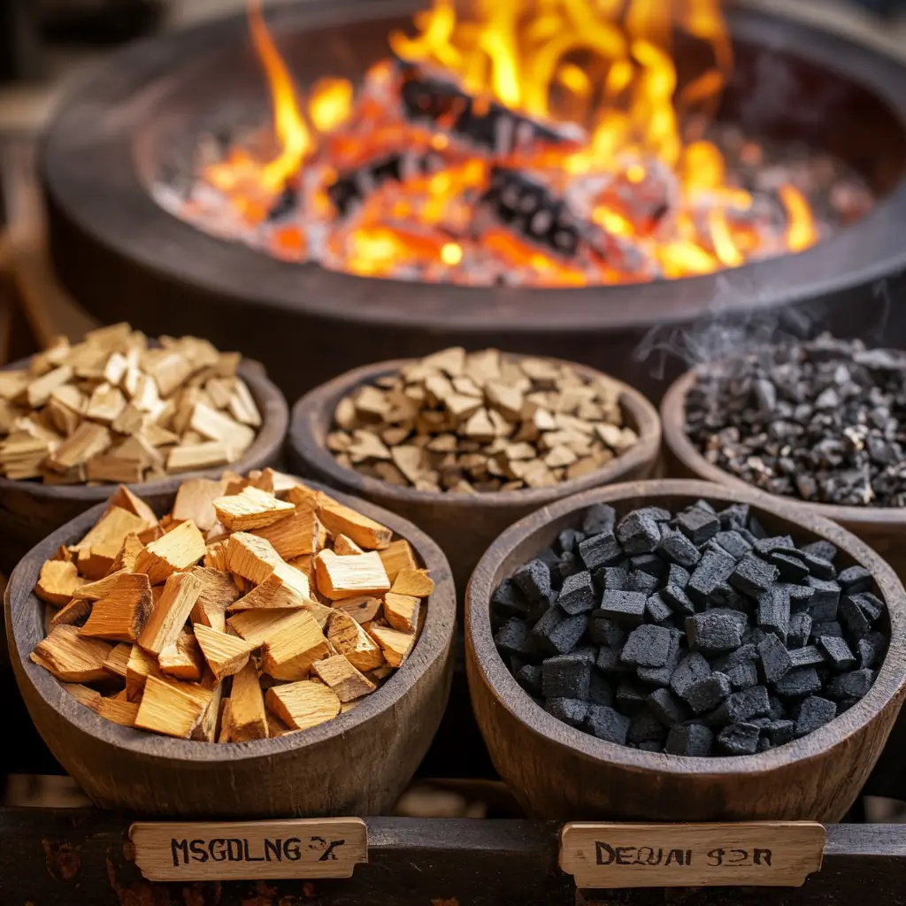 The Best Wood Chips and Charcoal for Southern BBQ. Various wood chips and charcoal types used in Southern grilling.