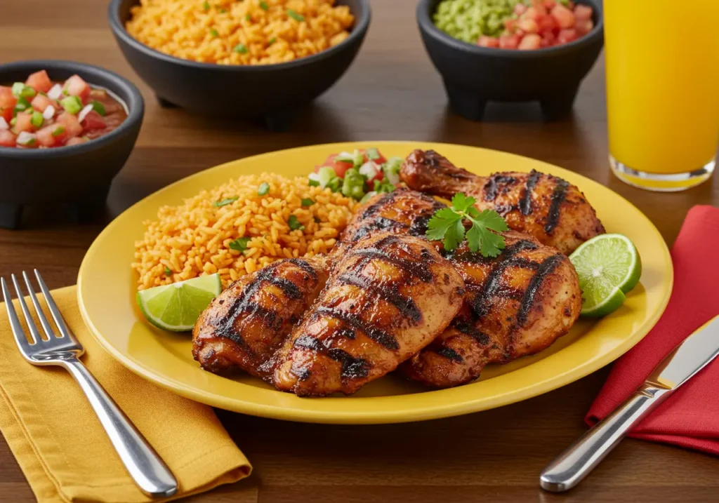 Grilled El Pollo Loco chicken with rice and beans