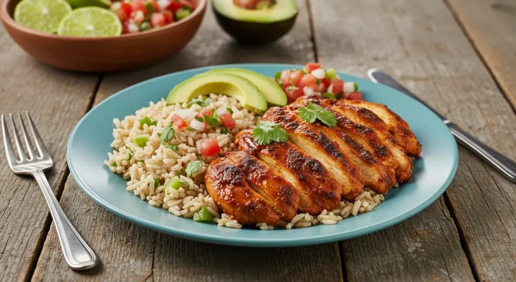 Chipotle chicken recipe with rice, salsa, and avocado