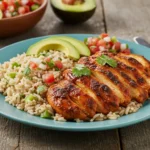 Chipotle chicken recipe with rice, salsa, and avocado