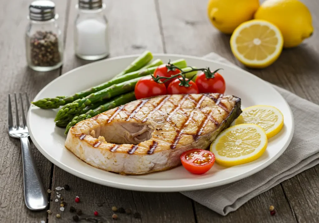 Grilled swordfish recipe steak with asparagus and tomatoes.