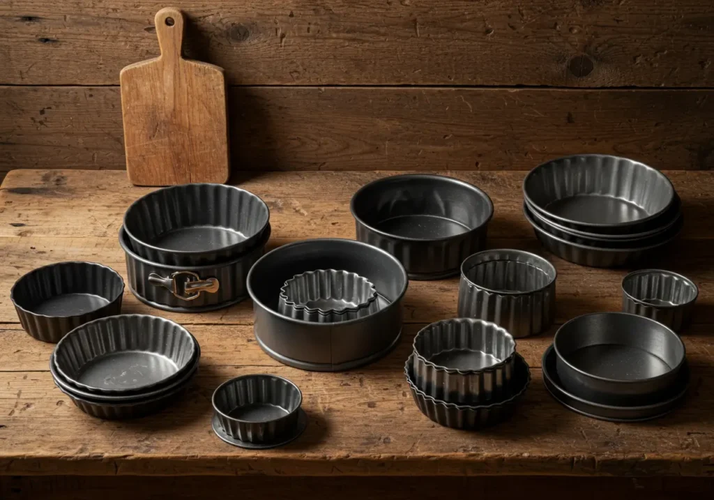 Assorted cake pans in various shapes on a rustic kitchen counter