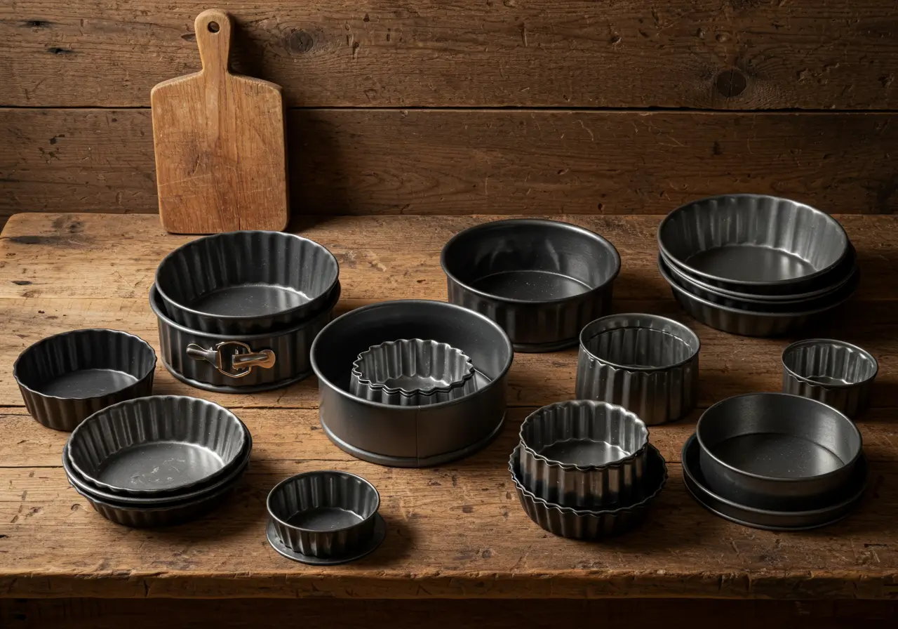 Assorted cake pans in various shapes on a rustic kitchen counter