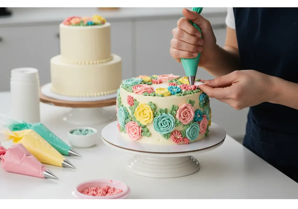 Cake Decorating Classes Near Me adding intricate floral designs with buttercream