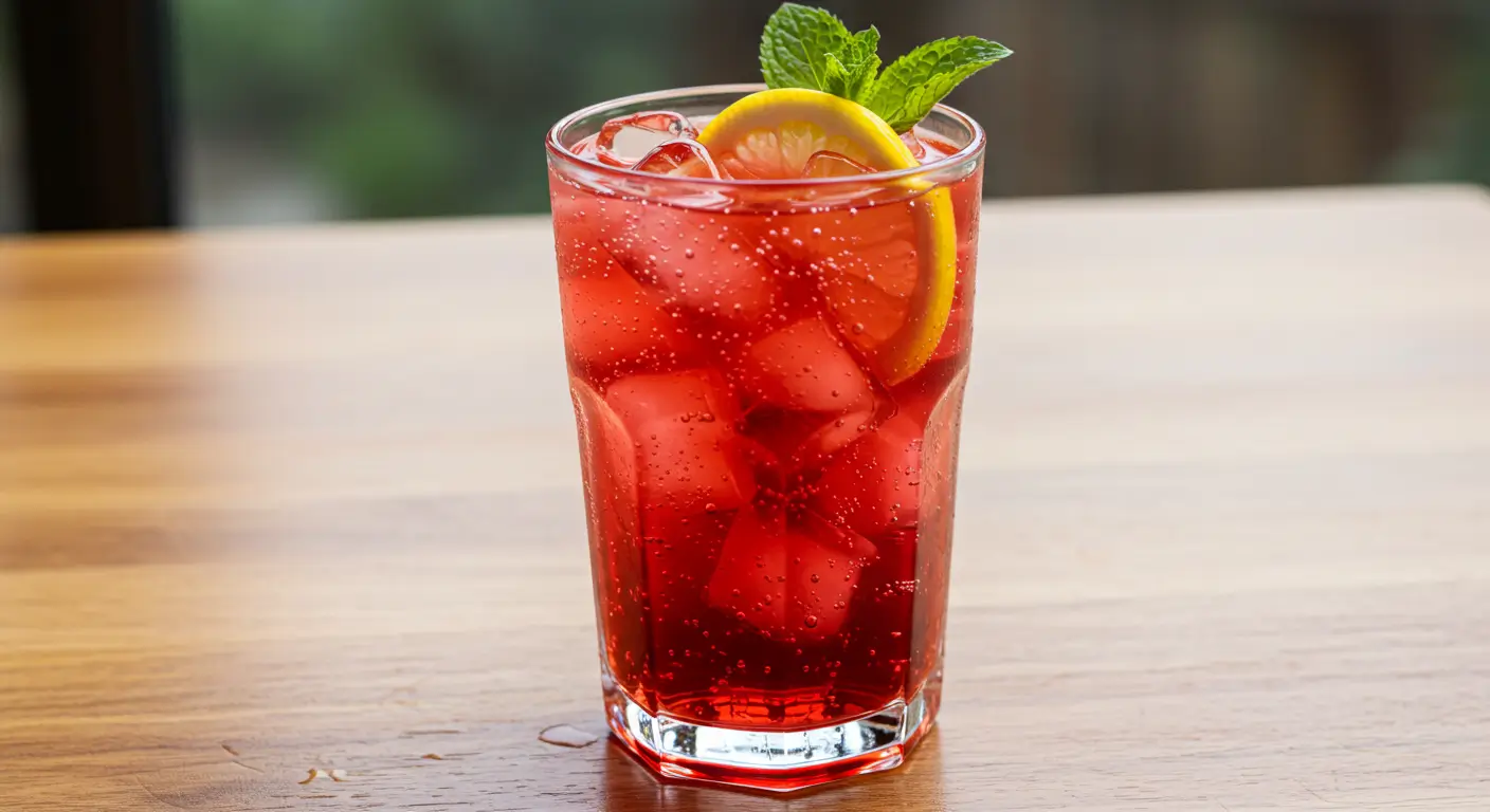 Italian Soda with Cherry Syrup and Lemon Vibrant Italian soda recipe in a tall glass with lemon and mint