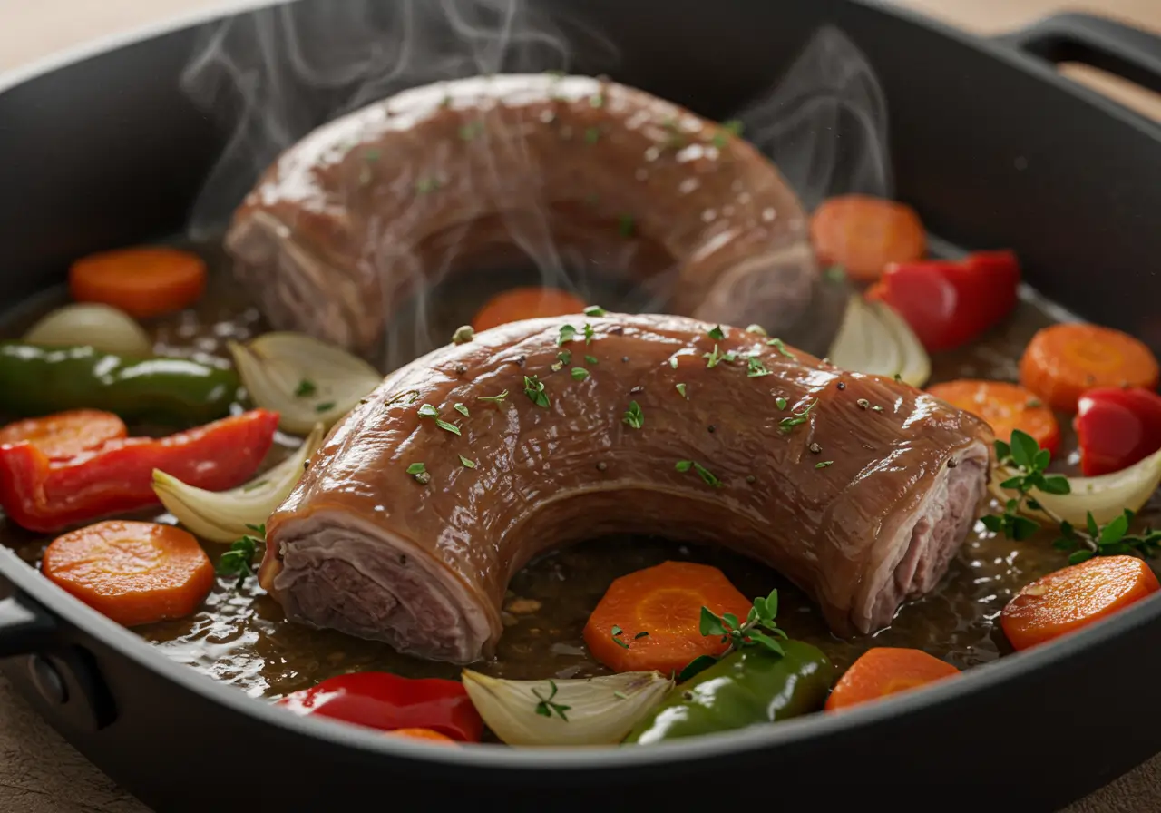 Braised Turkey Necks in Roasting Pan Braised turkey necks with vegetables and herbs