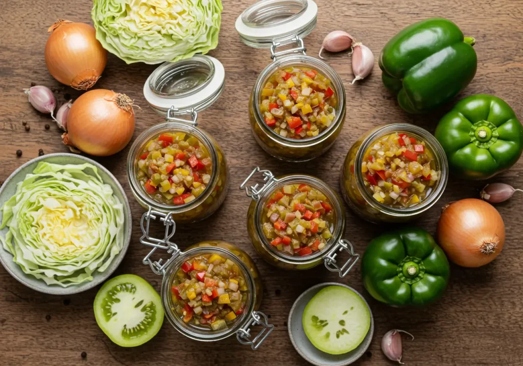 Jars of homemade Chow Chow recipe with fresh vegetables