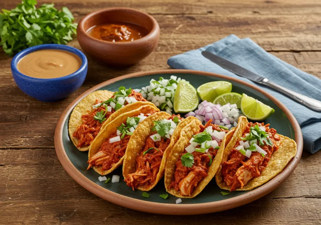 Plate of chicken birria tacos recipe with consomé