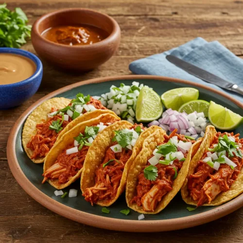 Plate of chicken birria tacos recipe with consomé