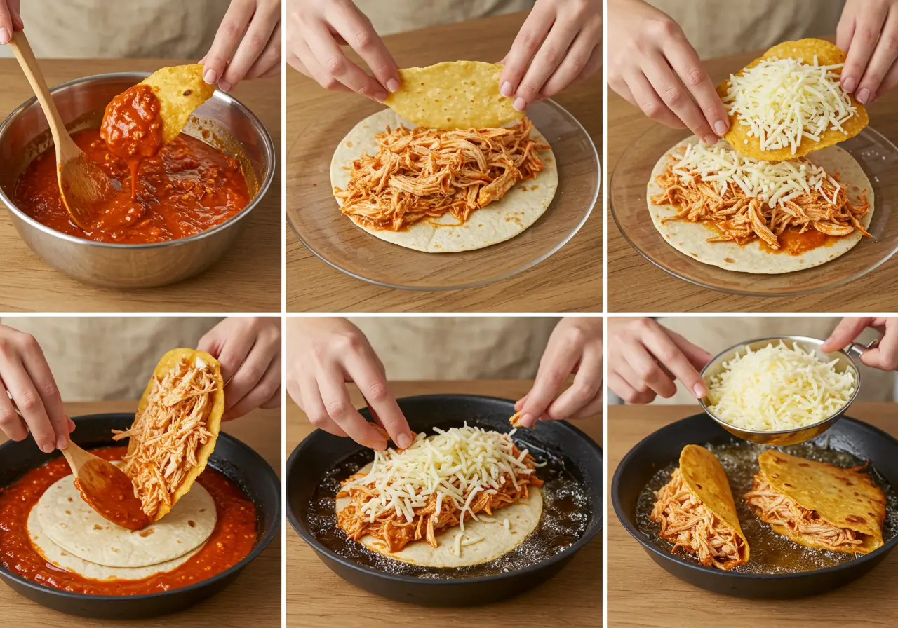 Assembling and Cooking Chicken Birria Tacos Step-by-step assembly of chicken birria tacos