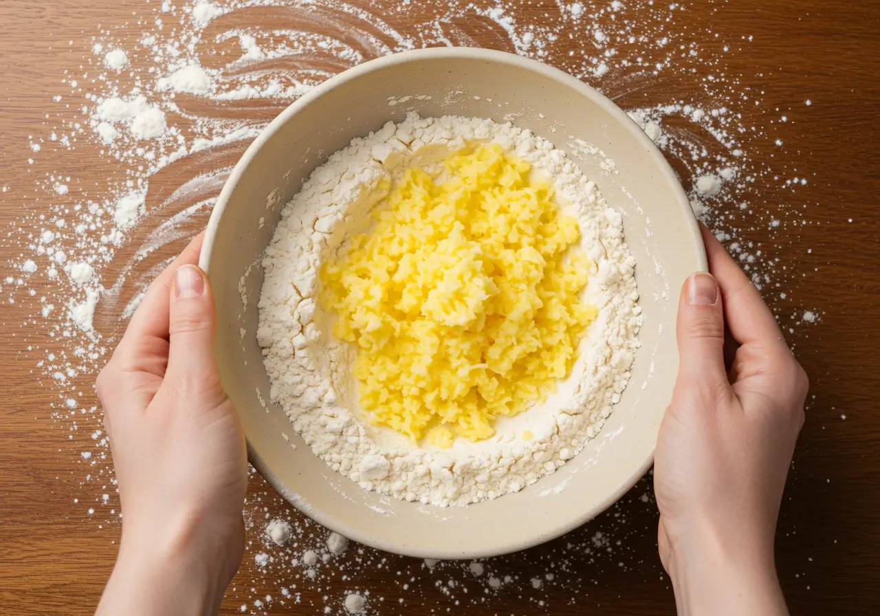 Making Biscuit Dough Mixing grated butter into flour for biscuit dough