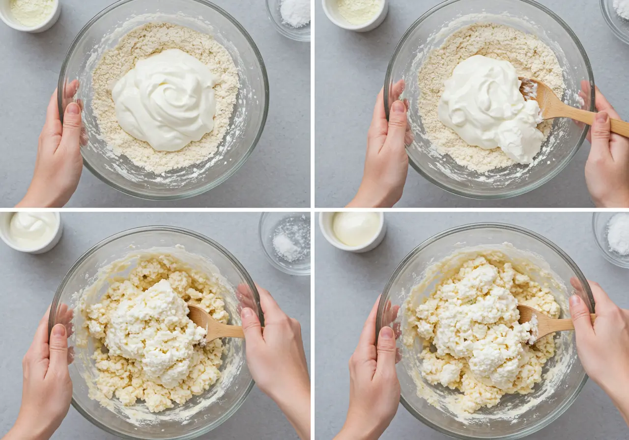 Preparing protein bagel dough Mixing Greek yogurt and cottage cheese for protein bagels dough
