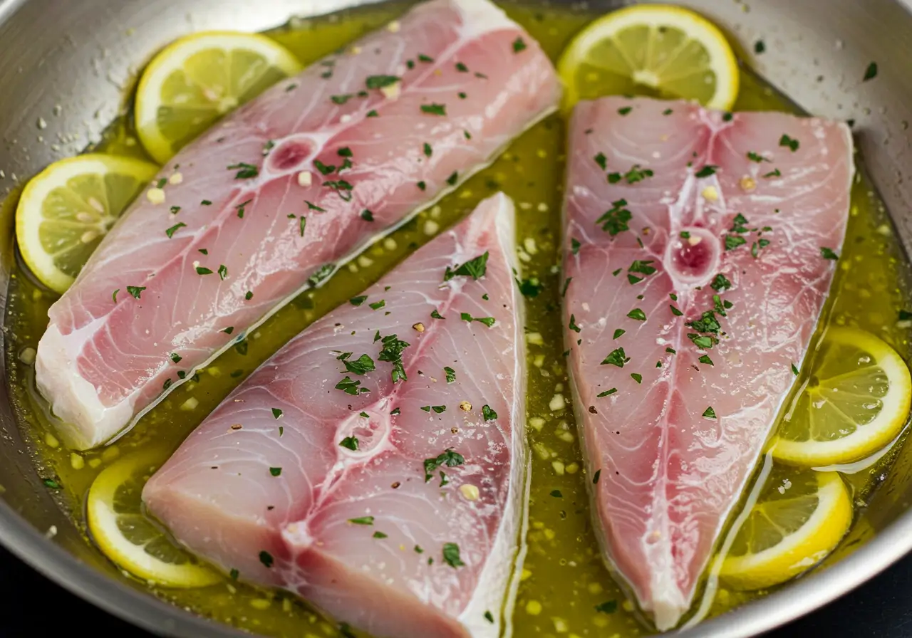 Marinating Swordfish with Garlic and Lemon Swordfish fillets marinating in a lemon garlic sauce.