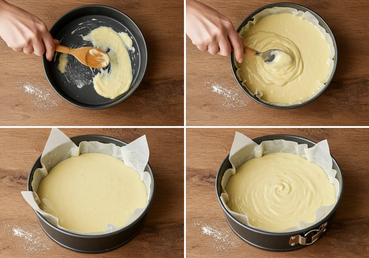 Cake Pan Preparation Steps Greasing and lining a cake pan with parchment