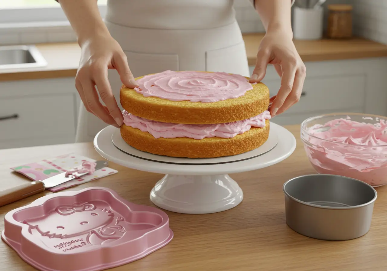 Cake Layer Assembly Assembling the Hello Kitty cake layers