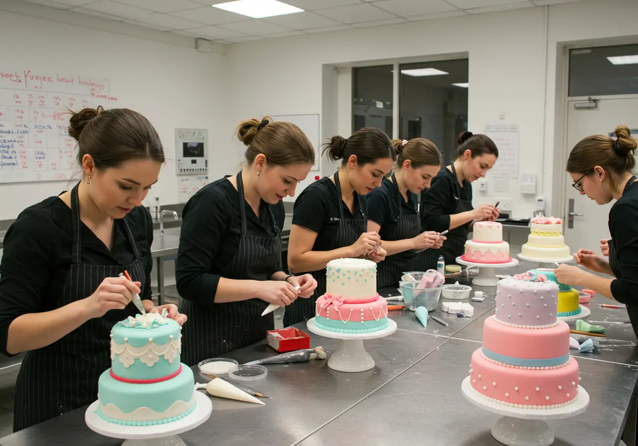 Cake Decorating Class in Action – Learning Together Students learning cake decorating techniques in class.