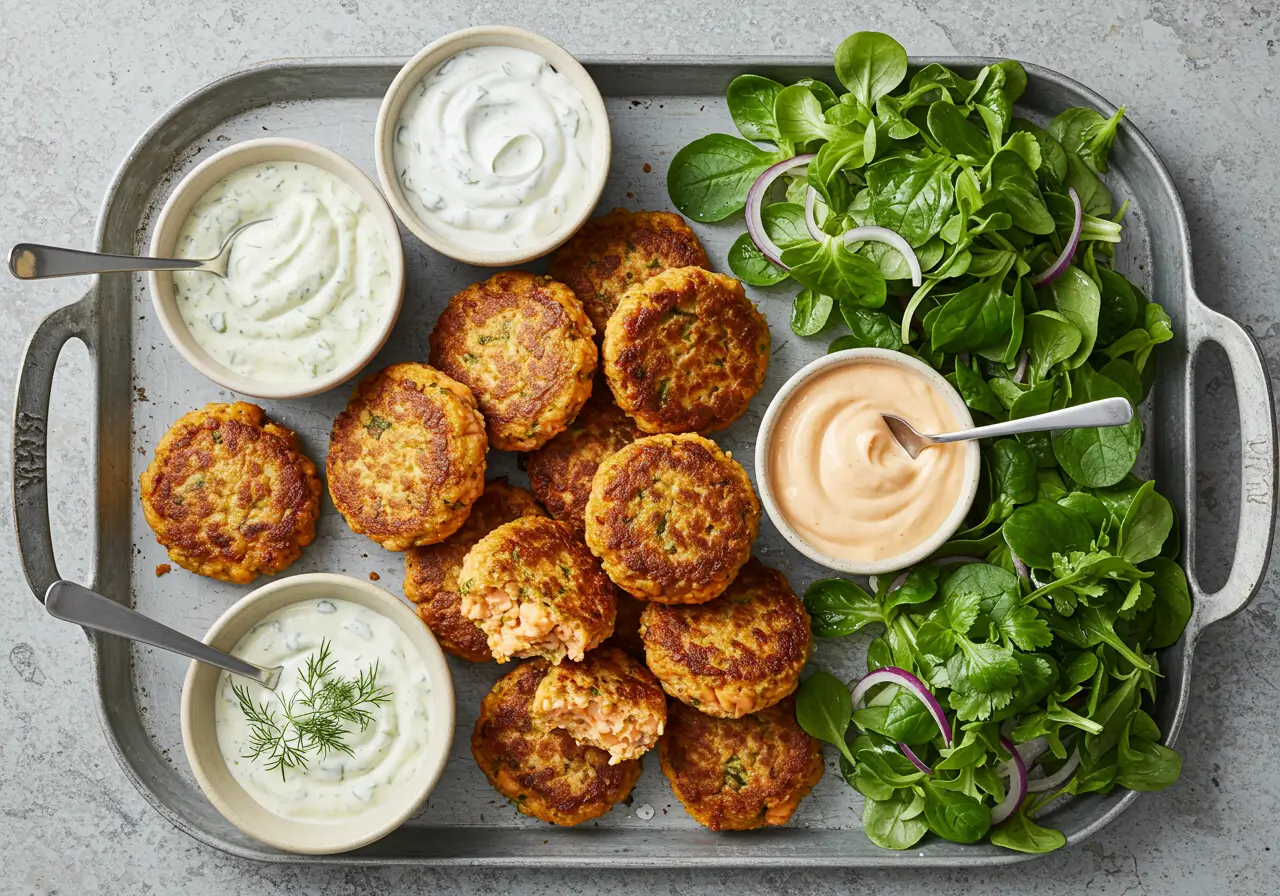 Salmon Cakes and Dipping Sauces Salmon cakes with assorted sauces