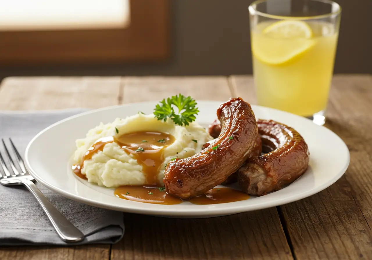 Serving Suggestion for Turkey Neck Recipe Plated turkey necks with mashed potatoes and lemonade