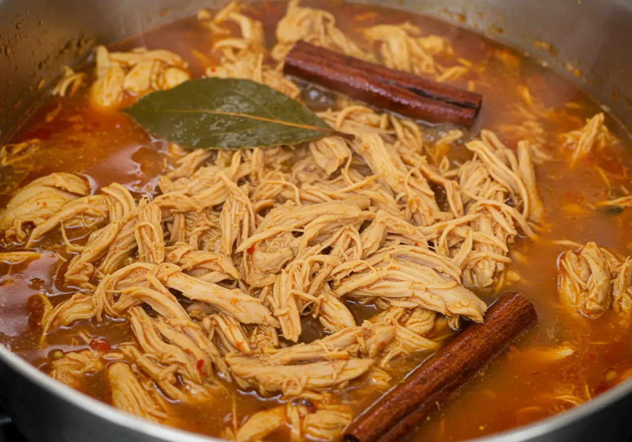 Simmering Chicken in Spiced Consomé Shredded chicken cooking in chili consomé