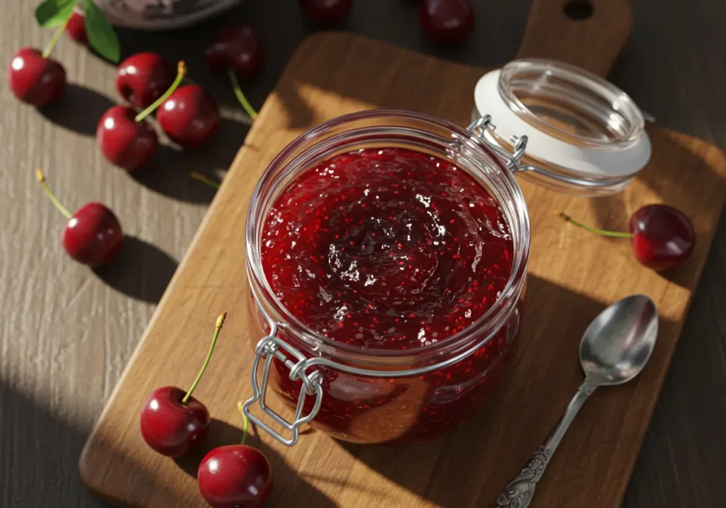 Homemade cherry jelly recipe in a jar with fresh cherries