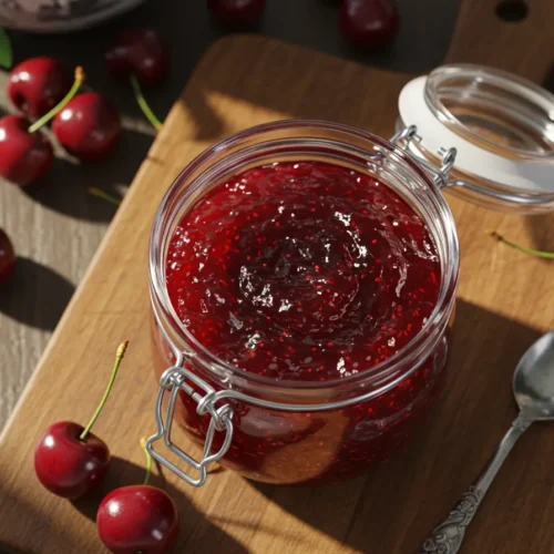 Homemade cherry jelly recipe in a jar with fresh cherries