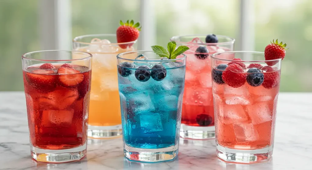Colorful Italian soda recipe flavors with fruit garnishes