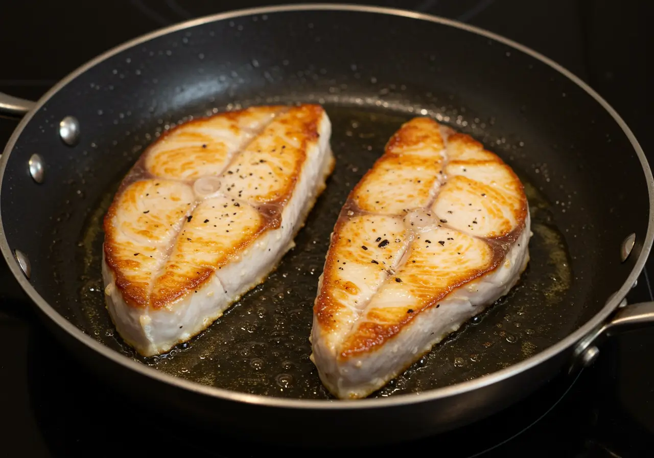Pan-Seared Swordfish Steak Pan-searing swordfish steak in a skillet.