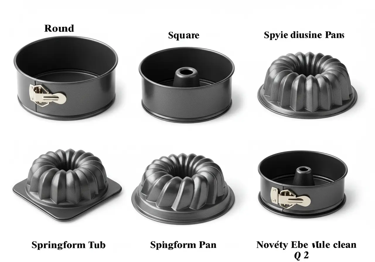 Popular Cake Pan Types Six different types of cake pans displayed with labels