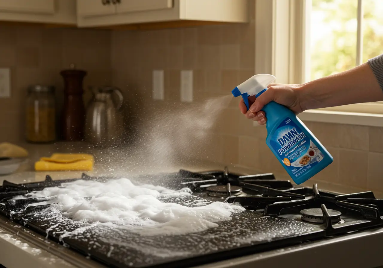 How to Use Dawn Powerwash Effectively Spraying homemade Dawn Powerwash on a stovetop