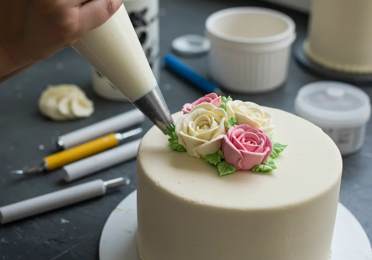 Cake Decorating Tools and Techniques in Use Decorating a wedding cake with buttercream flowers.