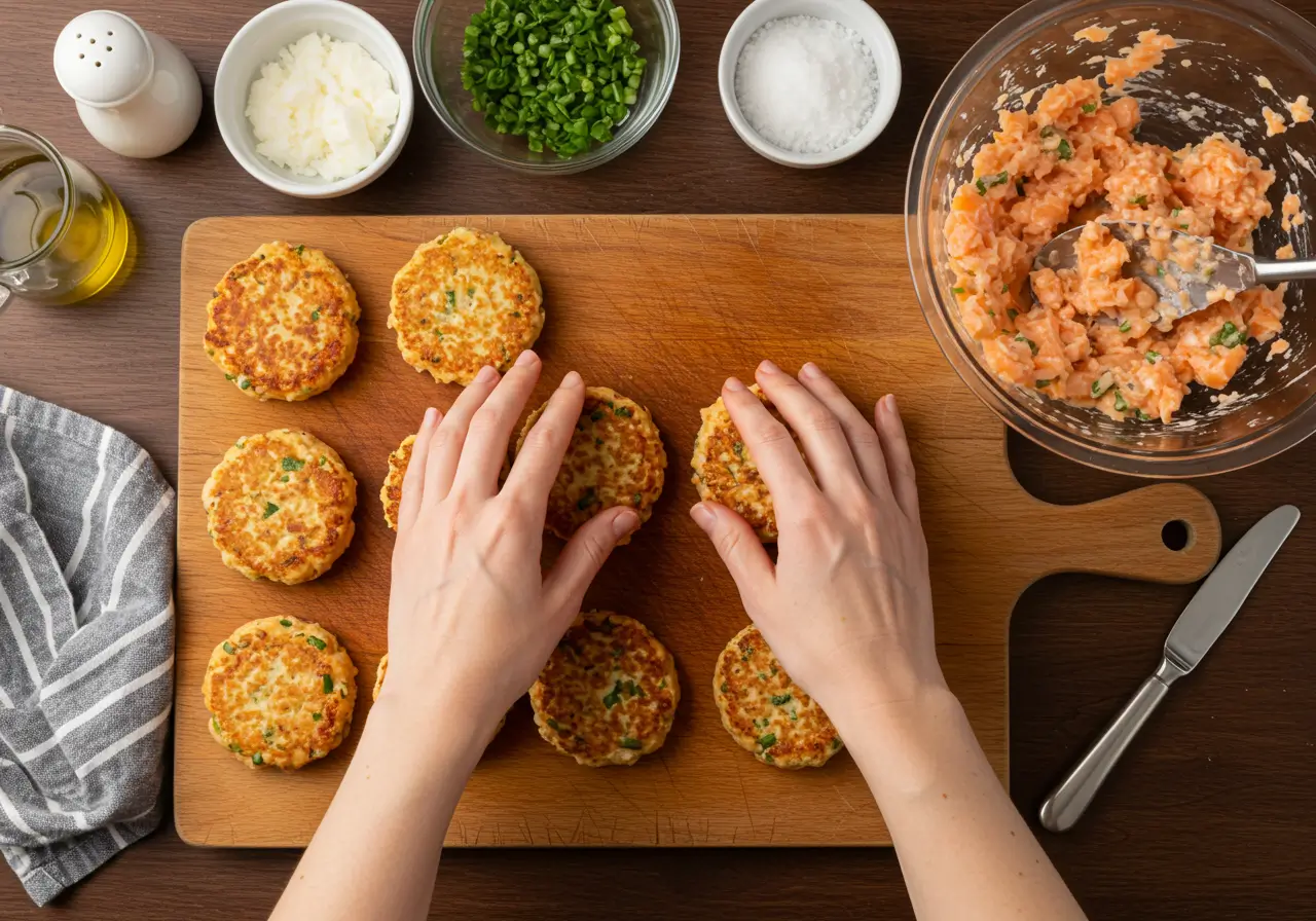 Forming Salmon Cakes Shaping salmon cake patties by hand