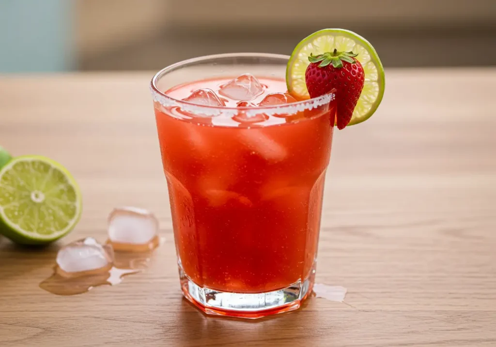 strawberry margarita recipe in a glass with lime and strawberry garnish
