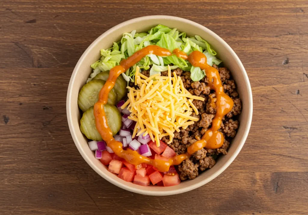Low-carb burger bowl recipe with fresh toppings