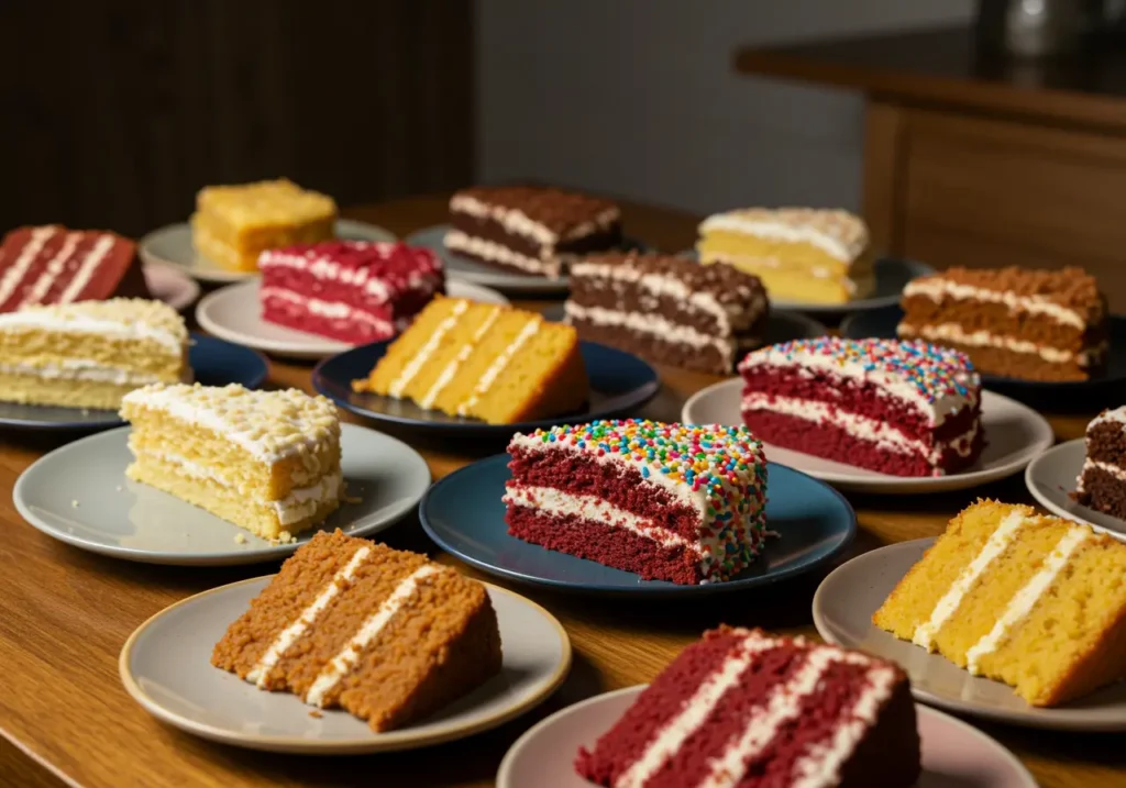 Assorted popular cake flavors on a decorative table
