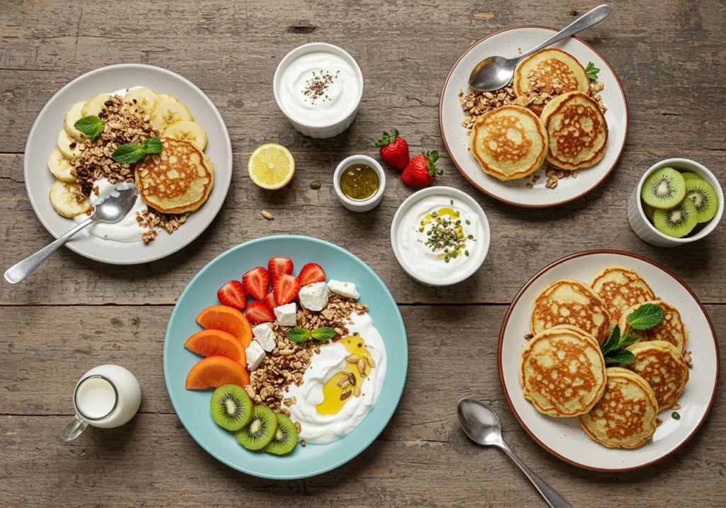 Delicious Greek yogurt Recipes, pancakes, and dips served on a wooden table.