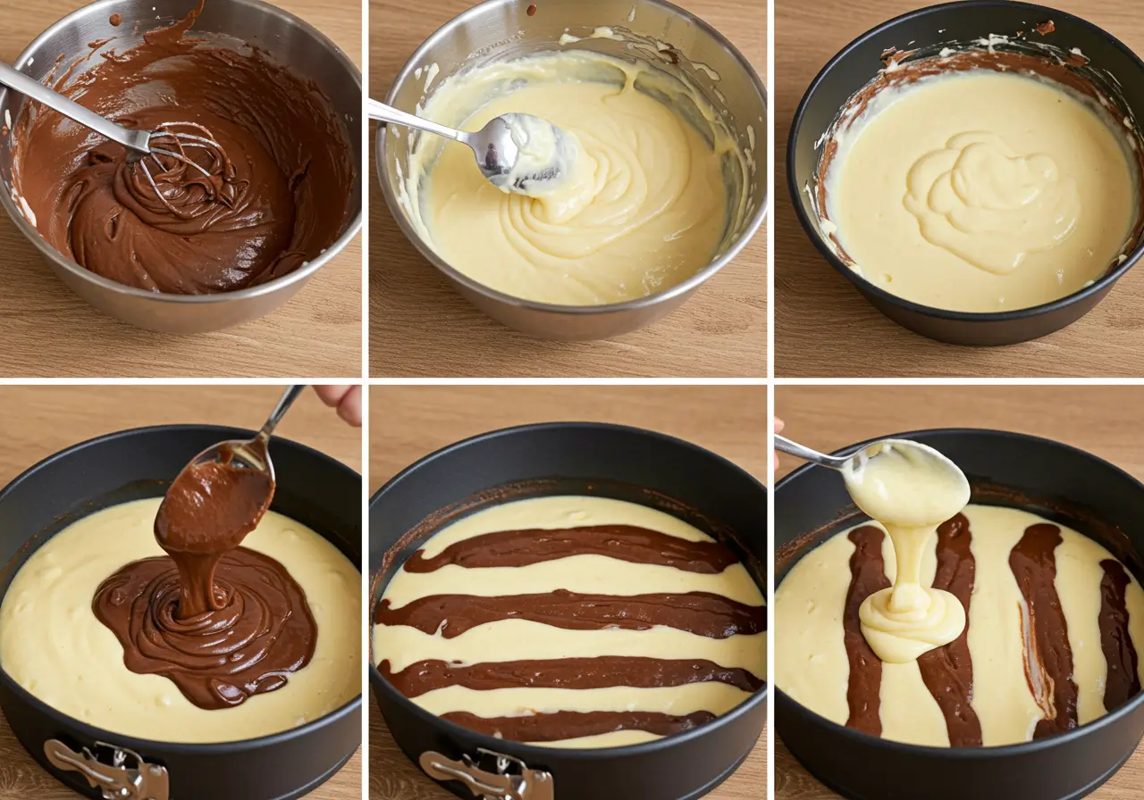 Creating Stripes in Zebra Cake Batter Zebra cake batter being spooned into a pan to create stripes