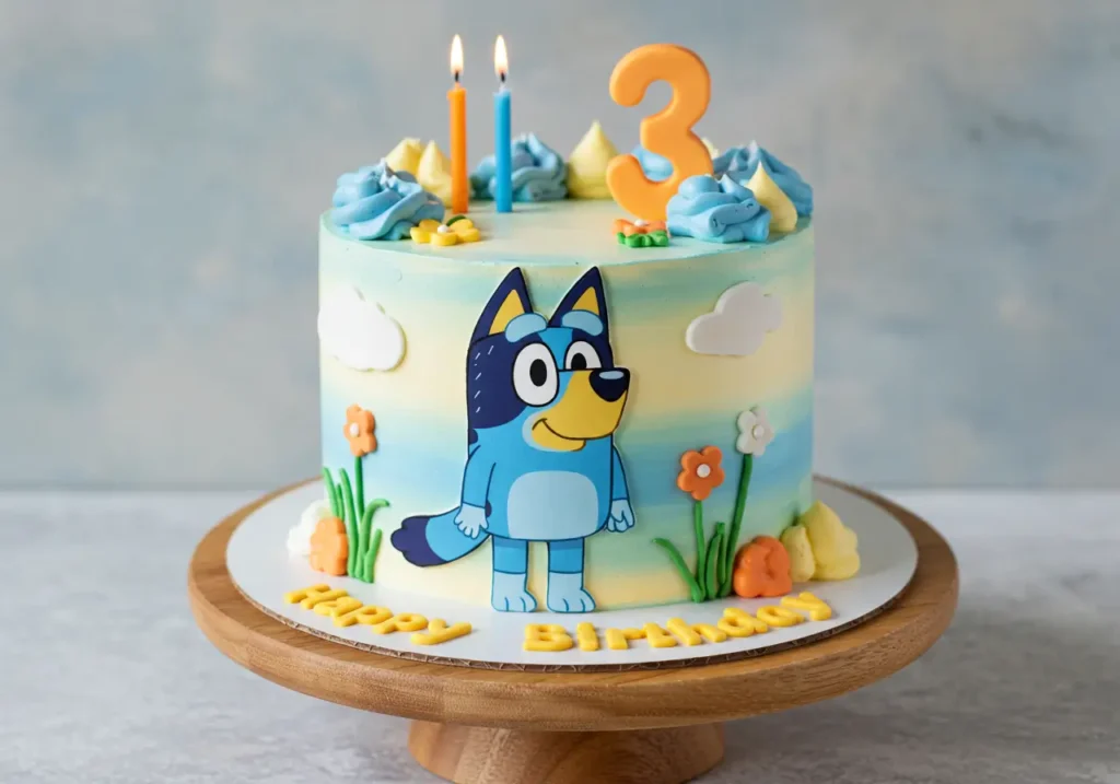 Colorful Bluey cake with fondant decorations