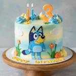 Colorful Bluey cake with fondant decorations
