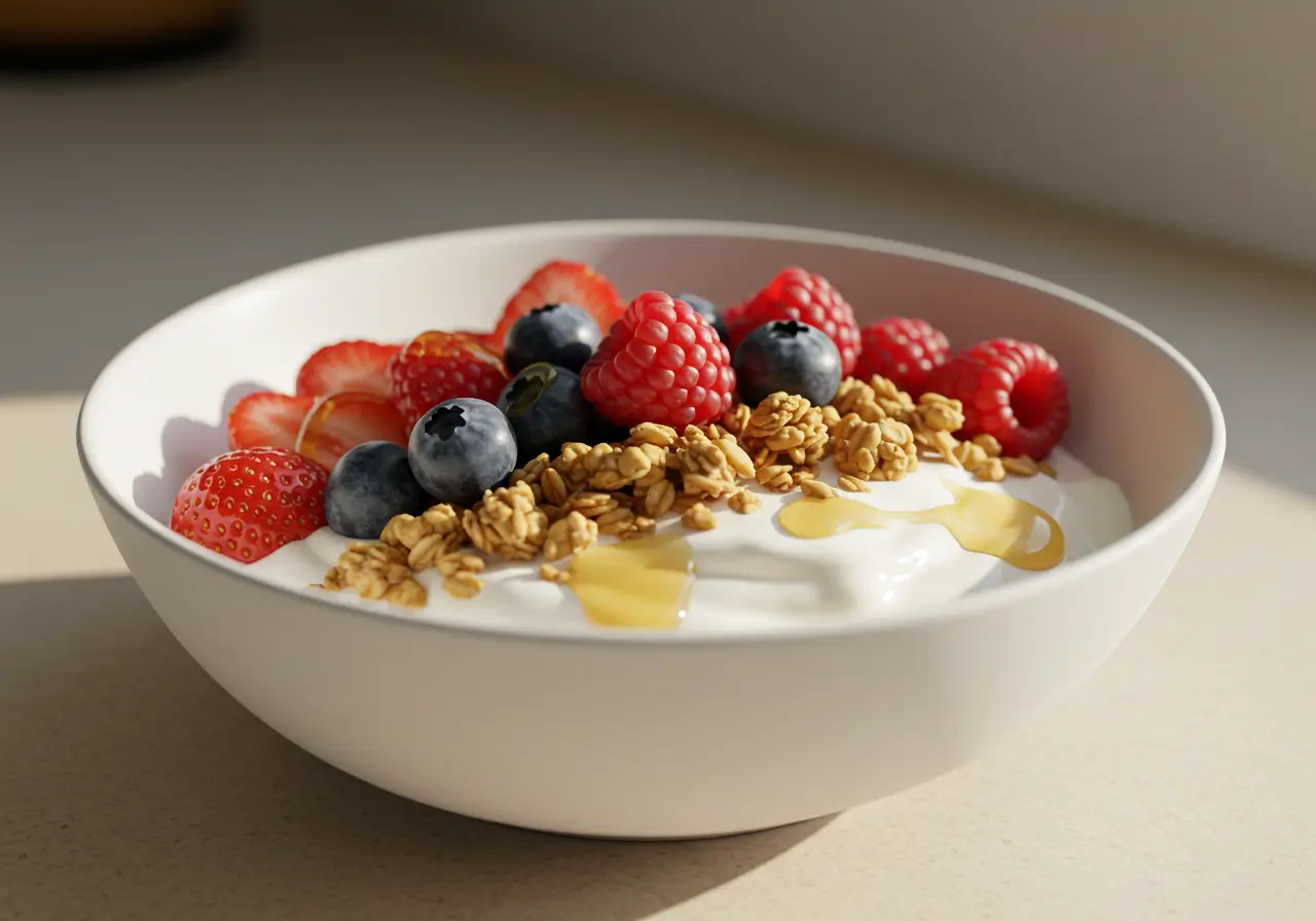 Greek Yogurt Breakfast Bowl Greek yogurt recipes topped with honey, fresh berries, and granola.